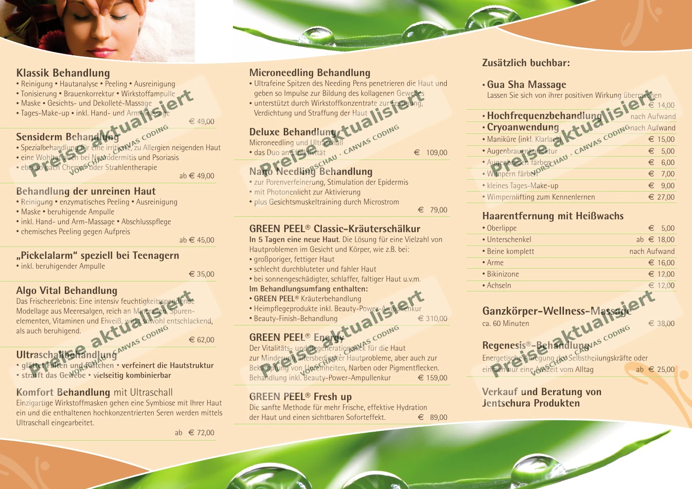 Aktualisierte Flyer-Innenseite mit Behandlungspreisen und dem Wasserzeichen Preise aktualisiert
